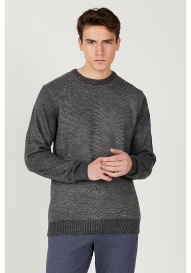 AC&Co / Altınyıldız Classics Erkek Antrasıt Grı Melanj Standart Fit Normal Kesim Bisiklet Yaka Petek Desenli Triko Gri