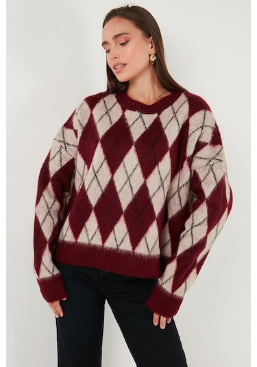 Lela Oversize Fit Bisiklet Yaka Baklava Desenli Yumuşak Dokulu Bayan Kazak 4616223 Bordo