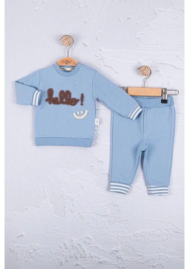 Hello Nakışlı % 100 Pamuk 2'li Erkek Bebek Takımımmmmmmm Mavi