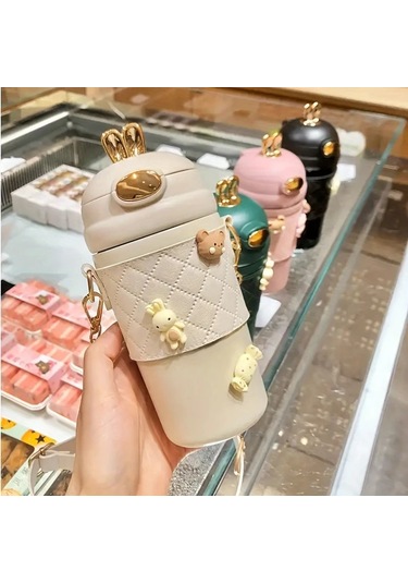 Oldfriend Yalıtımlı 480ml Paslanmaz Çelik Termal Bardak Taşınabilir Pipet Kayışı 4 Adet 3d Çıkartma Beyaz Beyaz Rastgele Verilen 4 Adet 3d Çıkartma