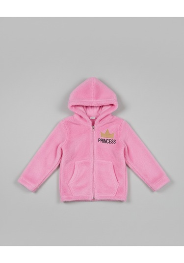 Princess Yazılı Taç Nakışlı Pembe Pelüş Kapüşonlu Kız Çocuk Hırka Pembe