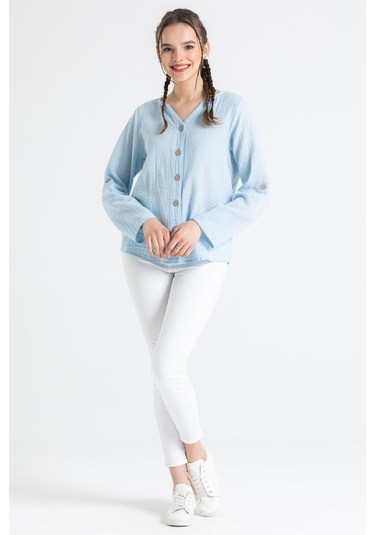 Uzun Kol Müslin Sedef Gömlek Buz Mavi Bmv-buz Mavi Buz Mavi