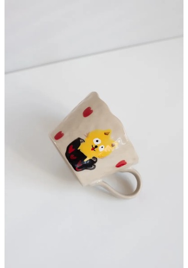 Perex Kedi Figürlü Kupa, Seramik Kupa, Kalp Desenli Kupa 312703845 Bej