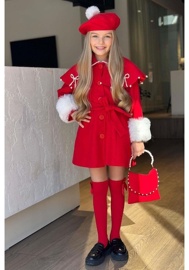 Riccotarz Kız Çocuk Boydan Yakası İnci Taş İşlemeli Şal Detaylı Kemerli Kırmızı Kaşe Kırmızı