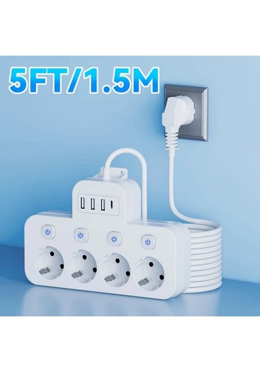 Xuweiwei Siyah Kısa Kablo 1.5m 3m Seçenekleri Avrupa Güç Prizi 4 Ac Çıkış 3 Usb 1 Type-c Portu Aşırı Yük Koruması Duvar Montajı Seyahat Ev Kullanımı