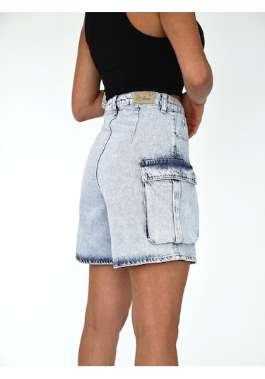 Kargo Cep ve Pens Detaylı Denim Şort Mavi+buz