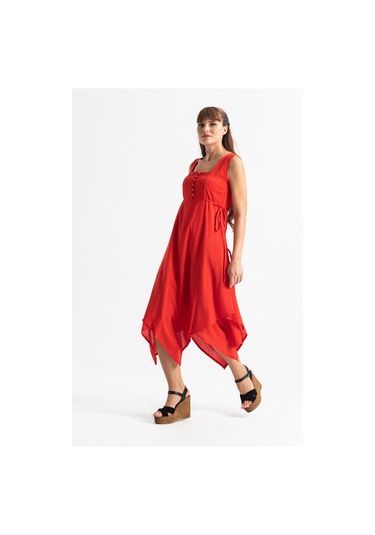 Kolsuz Şile Bezi Üçgen Katlı Midi Boy Yazlık Elbise Kırmızı Krmz-kırmızı