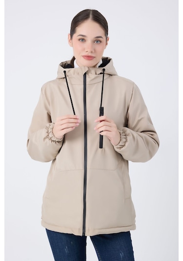Kadın Taş İçi Kürklü Su Ve Rüzgar Geçirmez Kapüşonlu Kışlık Mont & Kaban & Parka Taş