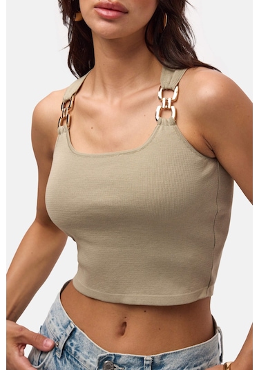 Kadın Haki S6-106 Aksesuar Detaylı Crop Bluz