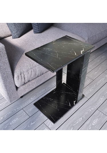 Pasific Home Single Çok Amaçlı Tekerlekli C Sehpa ,Koltuk Sehpası - Siyah Mermer