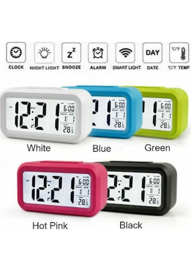 Lcd Işıklı Sensörlü Termometreli Alarmlı Dijital Masa Saati + Pil (253622563)