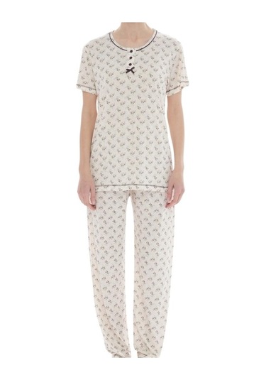 Kadın Desenli Bambu %100 Pamuk Yazlık Kısa Kol Pijama Takımı-geniş Kesim Anne Kalıp Bej