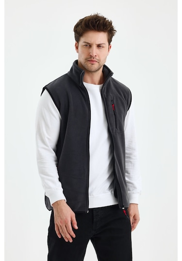 Monox Erkek Tam Fermuarlı Spor Polar Yelek Füme