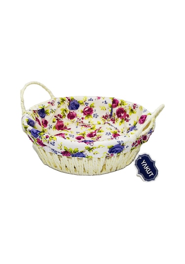 Yakut Renkli Bezli Yuvarlak Ekmek Sepeti Hasır 8820 Krem