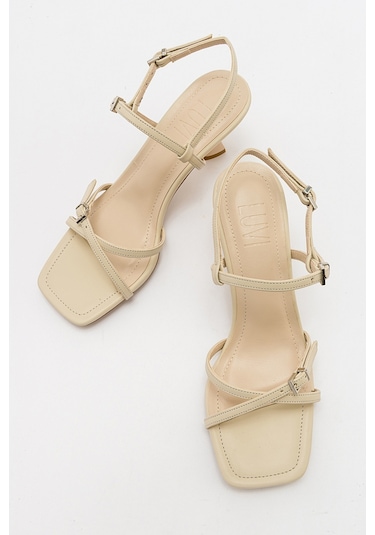 Luvishoes Nebel Ekru Cilt Kadın Topuklu Sandalet Ekru