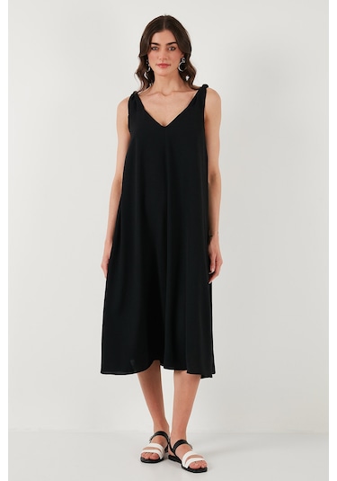 Lela Oversize Fit V Yaka Midi Boy Basic Bayan Elbise 6788688 Siyah