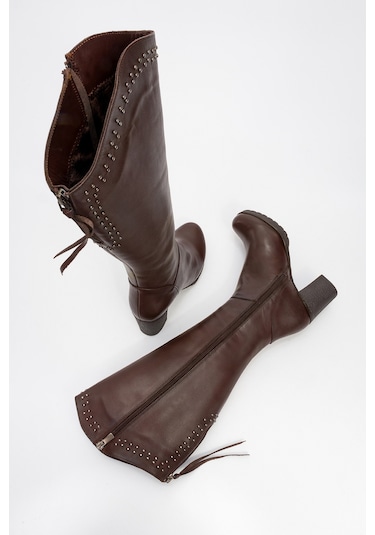 Kadın Yüksek Topuklu Fermuarlı Çizme Gerçek Deri Br 08012 Kahverengi Null Kahverengi