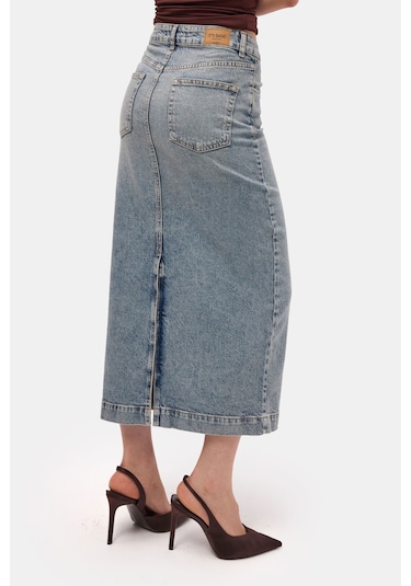 Itsbasic Kadın Kot Renk 4s6-32 Maxi Komfort Kumaş Arkadan Yırtmaçlı Denim Etek