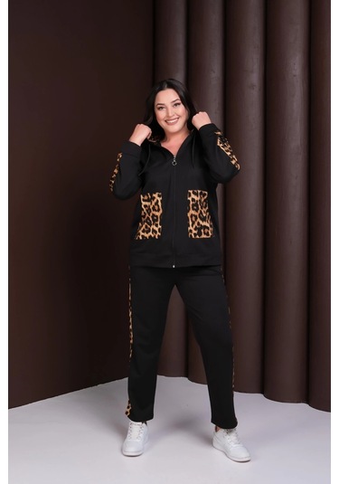 Kapüşonlu Leopar Desenli Alt-üst Takım Siyah