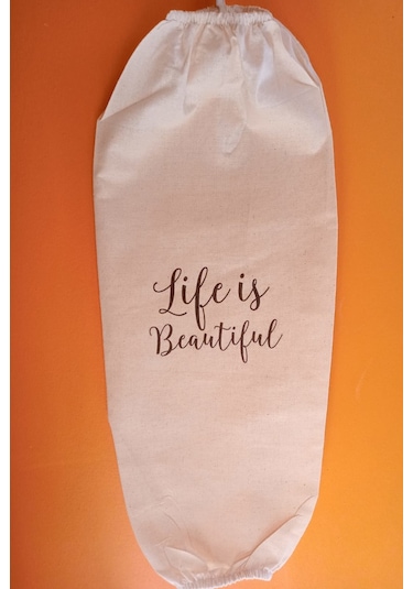 Emtory Home Life Is Beautiful Baskılı Çift Lastikli Naturel Keten Poşetlik