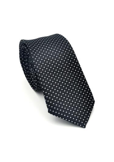 Beyaz Küçük Kare Desenli Siyah Dokuma Kumaş Mendilli Slim Fit Kravat // Sdk-2511-1 Siyah