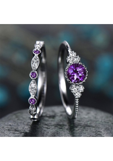2 Pcs/set Women Fashion Zircon Gemstone Ring 9 Purple Çok Renkli