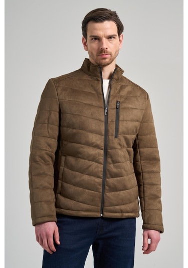 Koyu Haki Dik Yaka Yan Cep Dolum Şişme Standart Fit Esnek Casual Deri Mont 1038245167 Haki