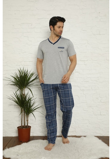 Erkek V Yaka Ekose Desen %100 Pamuk Kısa Kol Cepli Pijama Takımı Gri