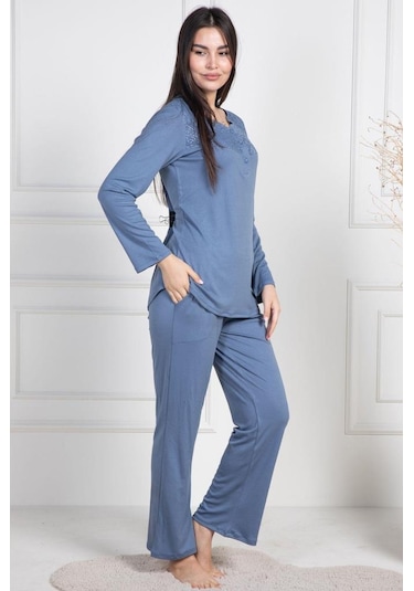 Mecit 6104 Bayan İndigo Büyük Beden Uzun Kollu Pijama Takımı İndigo