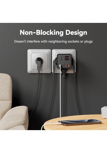 Motion003 1 Adet 7li Coklu Priz Kupu Guc Seridi 3 Ac 2 Usb 2 Tipc 10a Beyaz Siyah