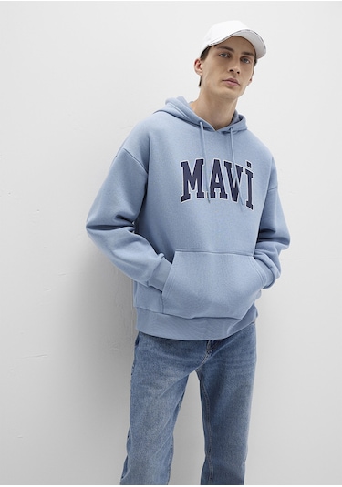 Mavi - Mavi Logo Baskılı Mavi Kapüşonlu Sweatshirt 067149-86998 Mavi