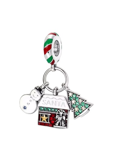 Kardan Adam, Karlı Ev Ve Noel Ağacı Sallantılı Charm Gümüş