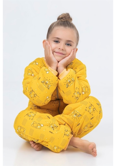 Kız Erkek Çocuk Kalın Elyaf Dolgulu Premium Kalite 2.5 Tog Desenli Uyku Tulumu Ekru - Sarı