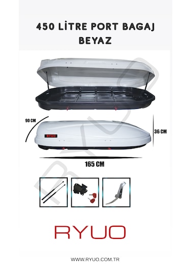 Ryuo Araç Üstü Tabut Port Bagaj 450 Litre Beyaz