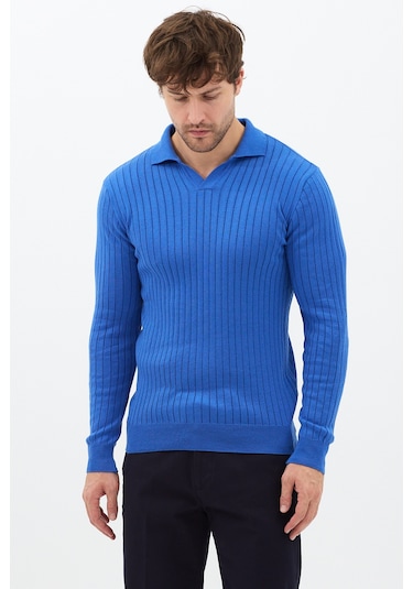 Saks Erkek Polo Yaka Fitilli Triko Kazak Saks