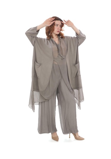 Italyan Ipek Detaylı Oversize Kaftan & Bluz-8711 Bej