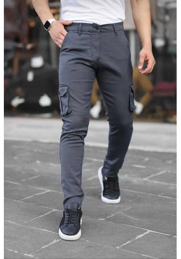 Erkek Körüklü Cep Ve Paça Ribana Detaylı Antrasit Keten Kargo Pantolon Antrasit