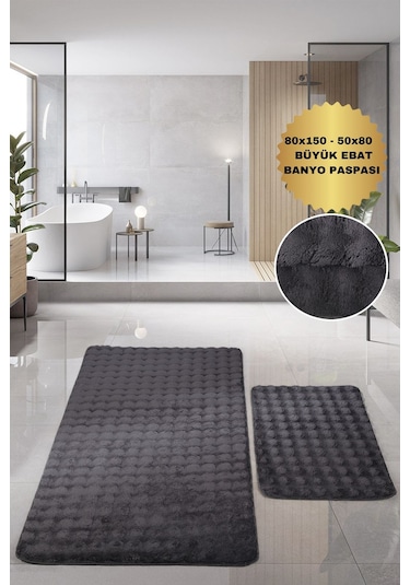 Bubble Antrasit Büyük Ebat 2'li Banyo Paspas Seti Kaymaz Tabanlı Yıkanablir Klozet Takımı Antrasit