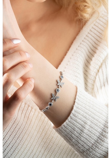 Nereze 925 Ayar Gümüş Çift Kelebek Mavi Taş Detaylı Bileklik