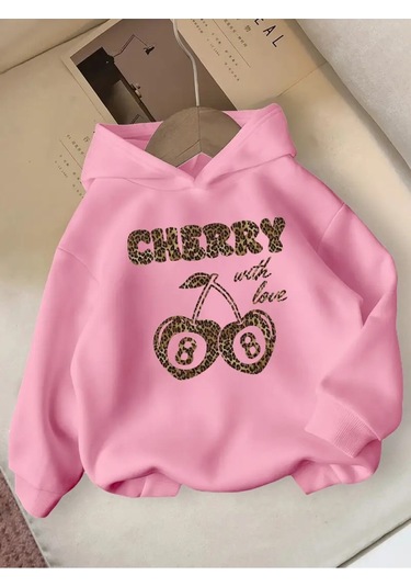 Kışlık Kapüşonlu Sweatshirt, Kiraz Leopar Baskılı Yeni Pembe