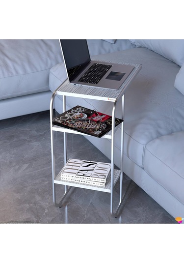 Modilayn C Yan Sehpa Dar Boy Tekerlekli Çalışma, Atıştırmalık, Yemek, Laptop Sehpası Beyaz Çizgili Beyaz