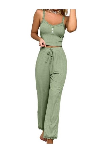 2 Adet/takım Pantolon Üst Takım Elbise Düşük Kesim V Yaka Kolsuz Düz Renk Büzgülü İpli Yüksek Elastik Bel Dantel Kadın Pijama Takımı Mor