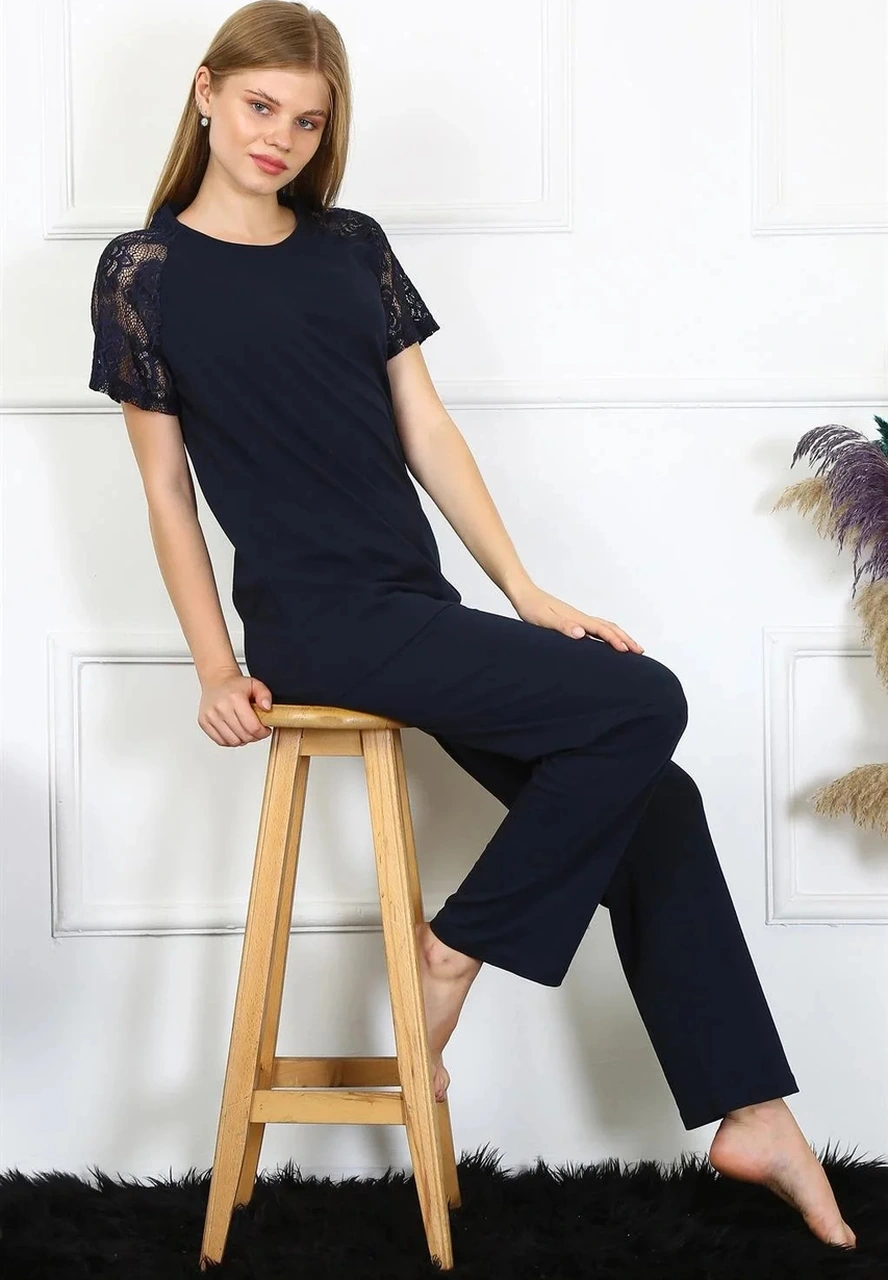 Moda Kadın Kolu Dantelli Penye Pijama Takım Lacivert Lacivert