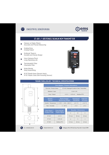 Ems Kontrol - Göstergeli Sıcaklık Nem Transmitteri 0-10v / 0-50 C