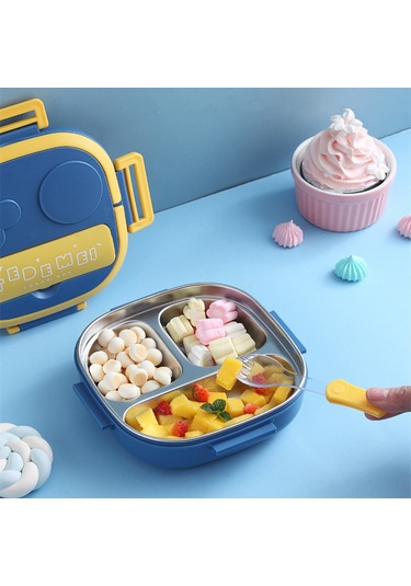 Moveevo Mavi 3 Bölmeli Çocukluk Çelik Yemek Kutusu, Kaşık Ve Tabaklı Pratik Mutfak Seti - Ev Kullanıma Uygun, Dayanıklı Ve Kolay Kullanım MAvi