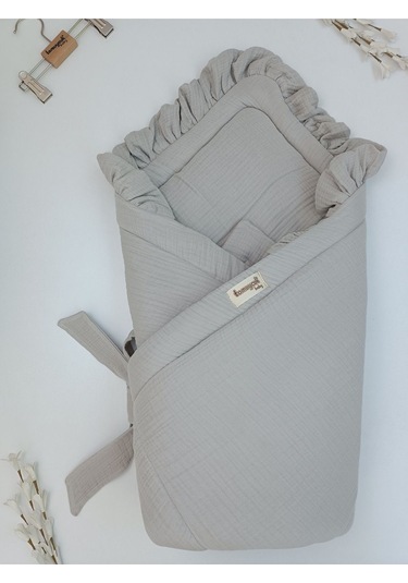 Ekru 4 Kat Müslin Bebek Battaniyesi %100 Pamuklu Doğal Organik Uyku Kundağı Hastane Çıkışı Yenidoğan Gri