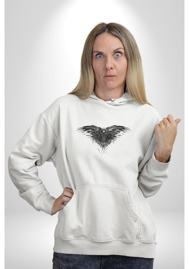 3 Gözlü Kuzgun Kadın Erkek Beyaz Kapüşonlu Sweatshirt Hoodie Beyaz
