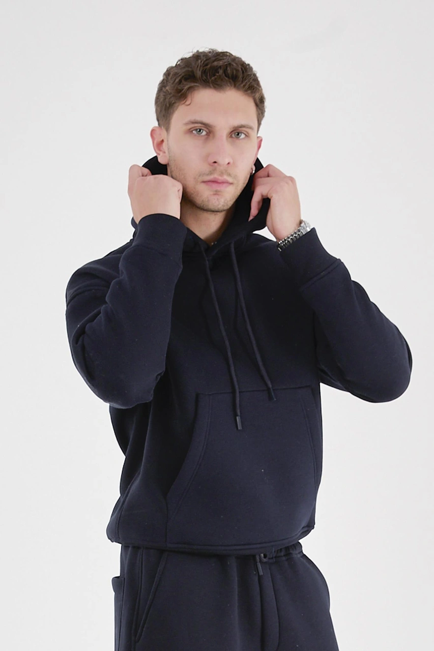 Q-4008 Kapüşonlu Üç İp Şardonlu Sweat Lacivert