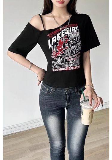 Siyah Lakeside Omuz Dekolteli Askılı Y2k Kısa Kollu Crop-17997 Siyah