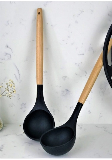 Qerhome Bambu Saplı Silikon Çorba Kepçesi Siyah 1 Adet